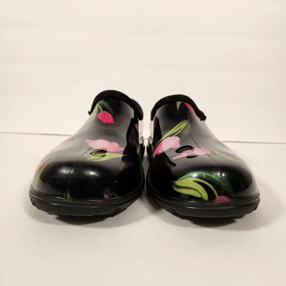 SLOGGERS Garden Shoes Women 10 Black Pink Floral Tulip Farm Cottagecore Country